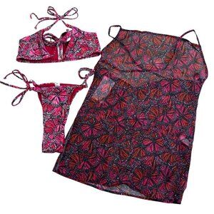 Toluca Swim String Bikini & Gisele Cover Up Dress Set NWT XS/S 30-32 D+ Red Pink